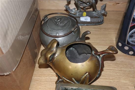 Two Chinese bronze fangding censers, a bronze figure Makhala etc.